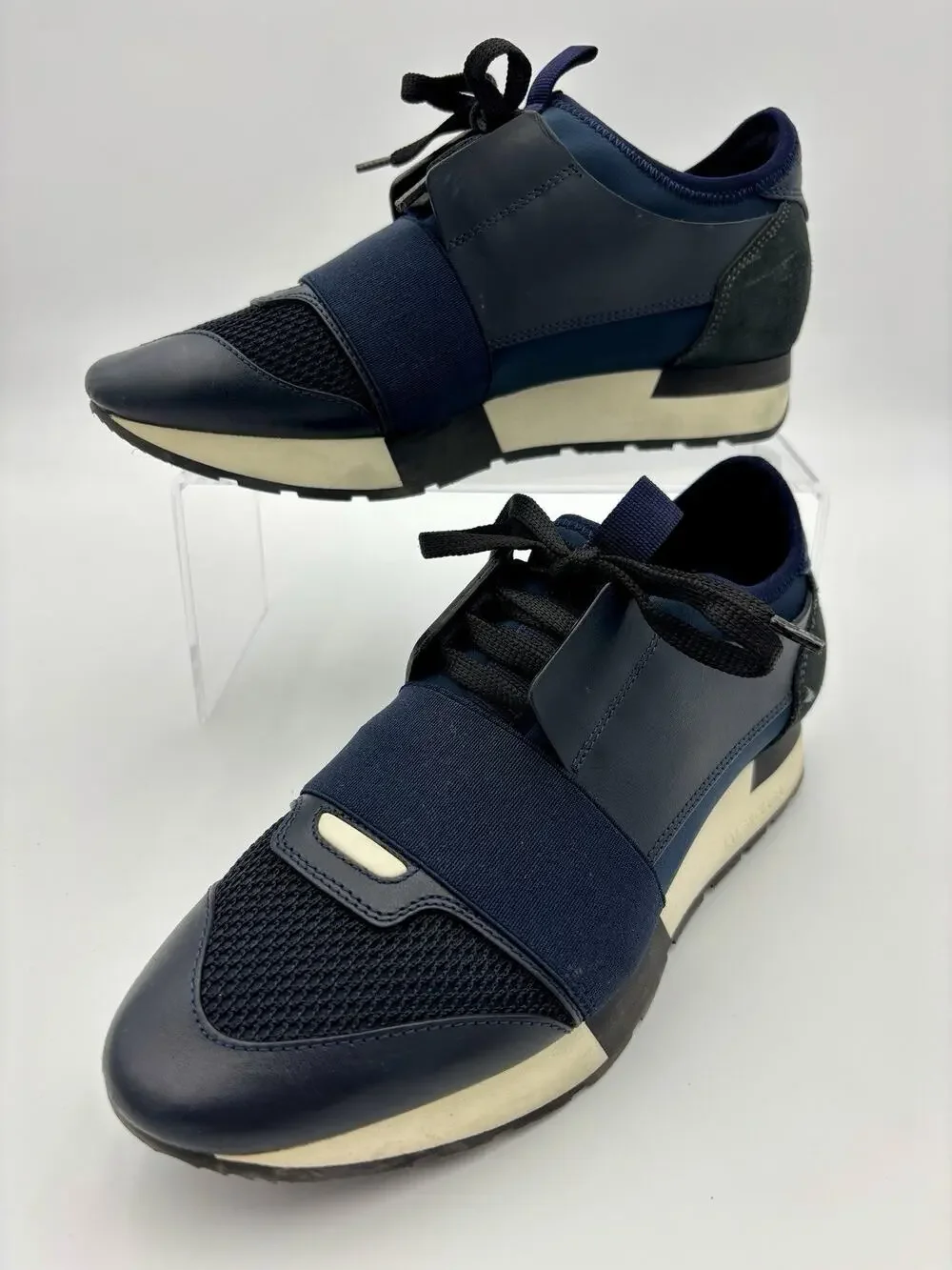 Authentic Balenciaga Race Runner Sneakers Navy Blue Black Elastic Size 8 38
